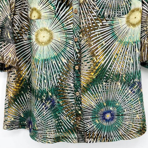 New Directions Sunburst Fireworks Blouse Womens Size Large Green Gold Yellow - Picture 6 of 11